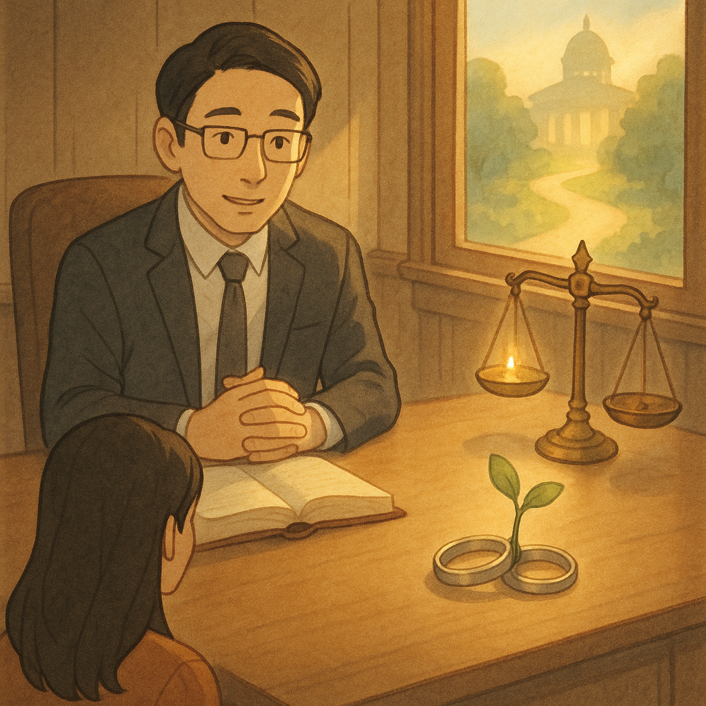 柔和自然光的手繪動畫風:台灣人律師在木質事務所溫柔諮詢,桌上無字法典與微光天平;一對戒指輕分並長出新芽,象徵民法1052條的抉擇與新生;窗外發光小徑通往法院剪影。畫面無任何文字。