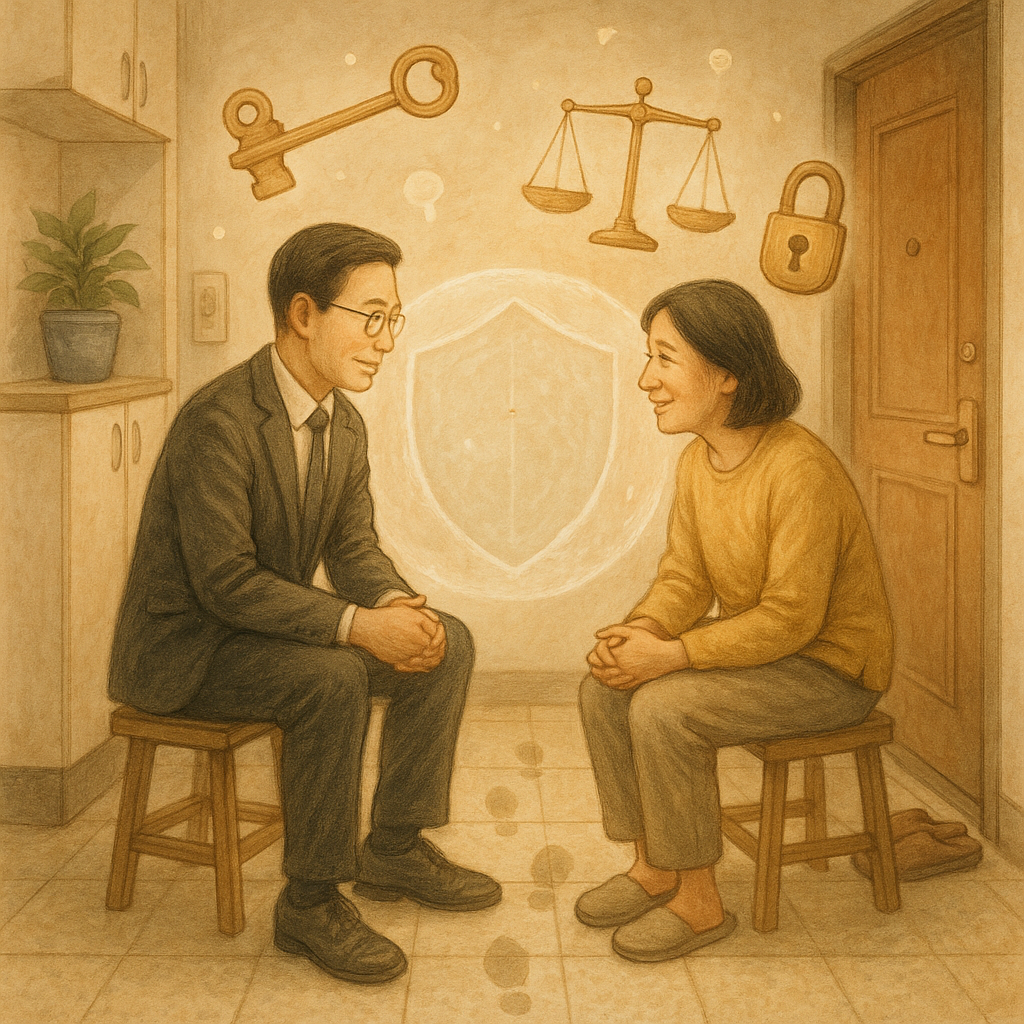 柔光下的高解析台灣公寓玄關,台灣人律師與家戶溫暖對坐,周遭漂浮鑰匙、鎖與天秤等符號,門口現隱形護盾與腳印指引行動路徑;手繪質感、奇幻電影感、細膩自然色調,畫面無文字。