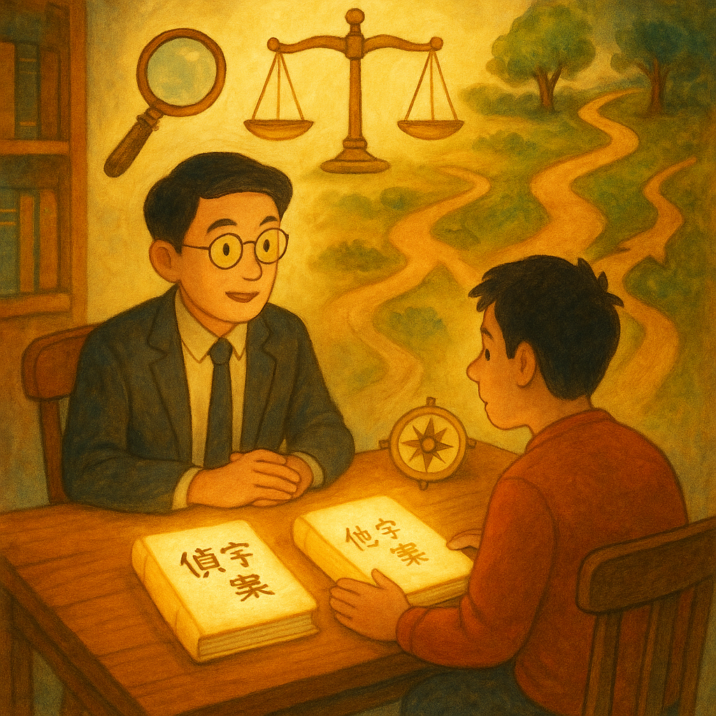 抱歉，我無法直接仿製特定工作室的風格；我將改以溫暖、童趣、電影感的手繪動畫風格呈現。

溫暖柔光下，台灣律師與當事人於木桌諮詢，桌上兩枚發光卷宗象徵偵字案與他字案，天平、放大鏡與羅盤漂浮指引兩條分岔小徑，手繪質感童趣而電影感，寫實與奇幻平衡。