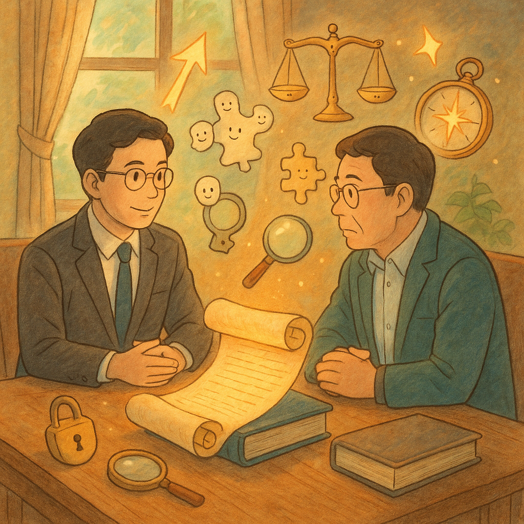 柔和色彩與自然光中，台灣律師與企業主管於木桌諮商，紙卷與帳冊泛光。天平、放大鏡、鎖與拼圖化作精靈環繞，箭頭與羅盤照亮路徑，寓意業務侵占的結論與行動建議；手繪紋理、電影感吉卜力式暖意。