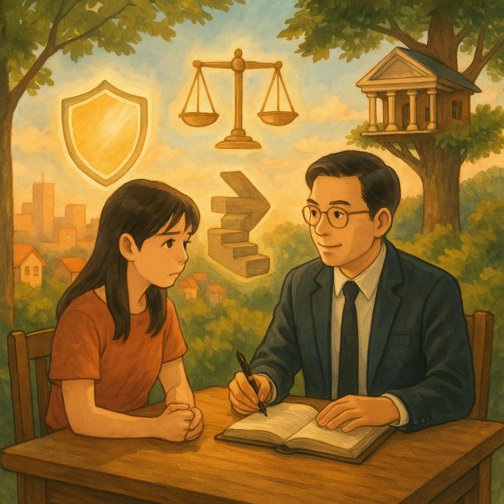 吉卜力風格插畫:台灣年輕女子與專業律師在柔光木桌前諮商,周圍漂浮象徵保護的光盾、天秤與路標石階,遠處暖色城市與樹屋法院相映,手繪質感、自然光影、電影感,寓意面對約會性侵的行動與支持,畫面無文字。