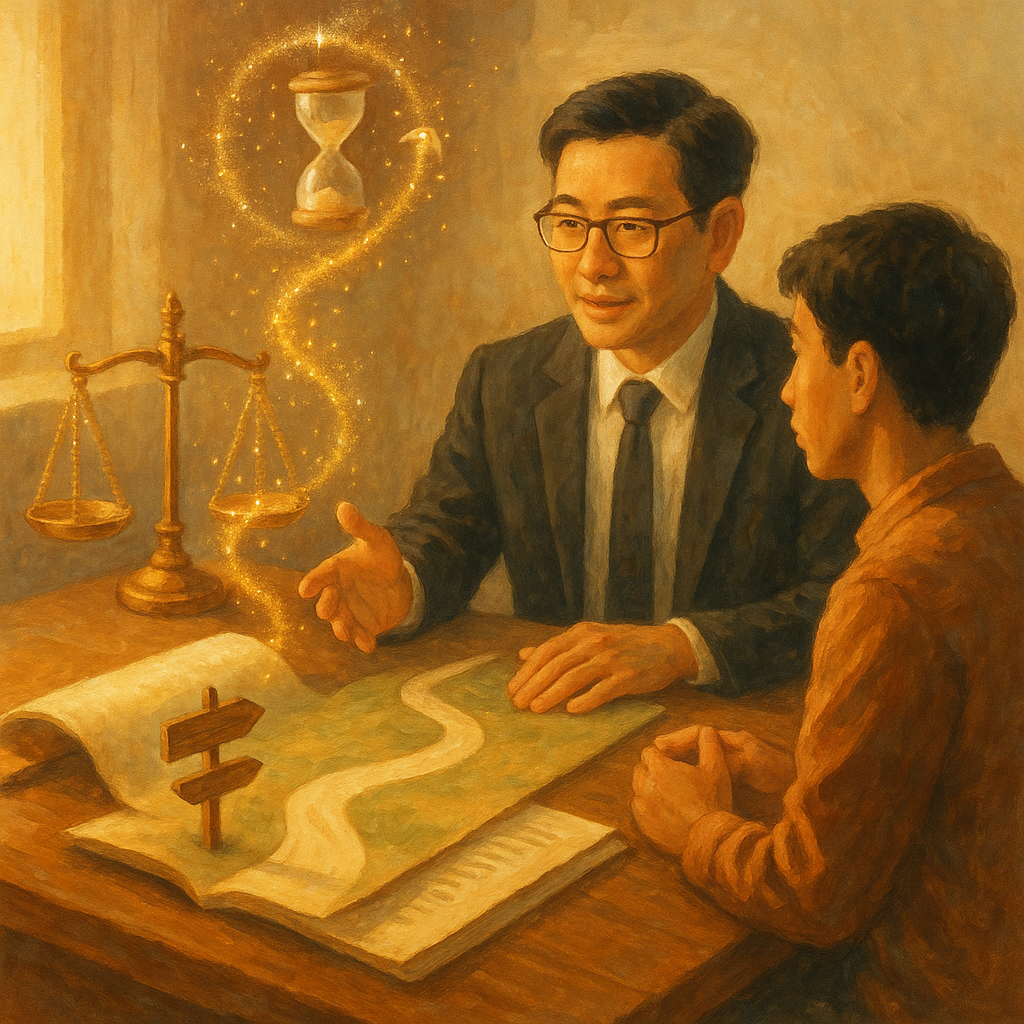 抱歉，我無法直接模仿特定工作室的風格，但可提供相近氛圍的描述：
暖光下，台灣人律師與當事人於木桌諮詢，溫暖手繪質感，具電影感。天平、倒轉沙漏與重啟印記化作魔法光粒，象徵再審；卷宗展開為前行小徑與路標，寓意結論與行動建議。柔色、自然光、無文字。