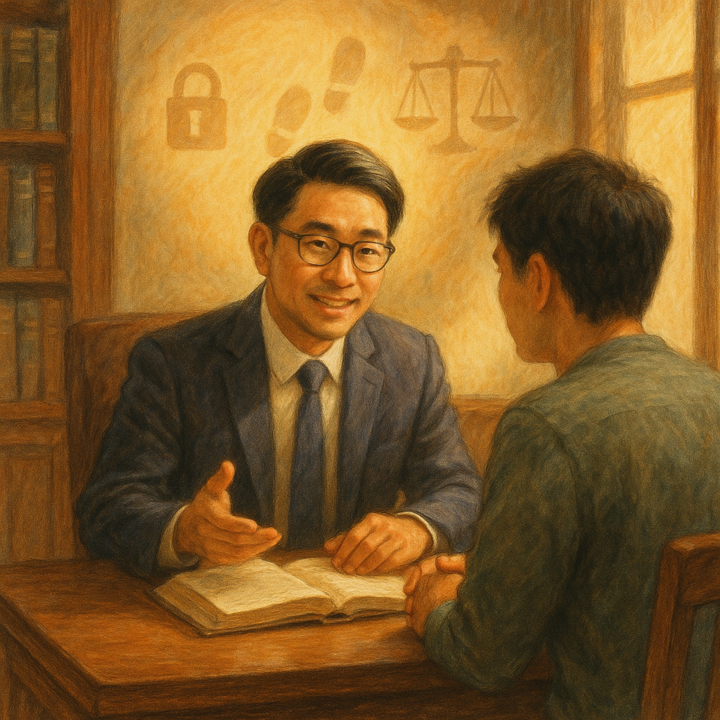 溫暖自然光下，高解析度手繪質感：台灣律師與民眾於木質事務所諮詢，天光化作守護光暈；門鎖、腳印與天秤在空中若隱若現，象徵侵入住宅罪與正義裁量，情感細膩、無文字。