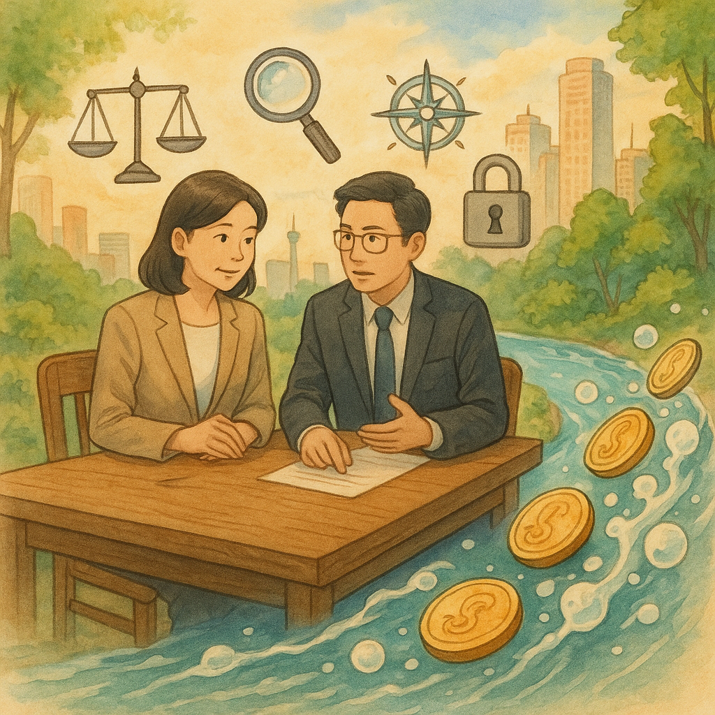 溫暖自然光下,兩位台灣專業人士在木質桌前諮詢;桌面漂浮手繪天秤、放大鏡、指南針與鎖頭圖標。旁側清澈溪流化作旋轉錢幣與泡沫,象徵洗錢與資金流。背景城市與森林交融,吉卜力式柔色手繪,現實與奇幻平衡。