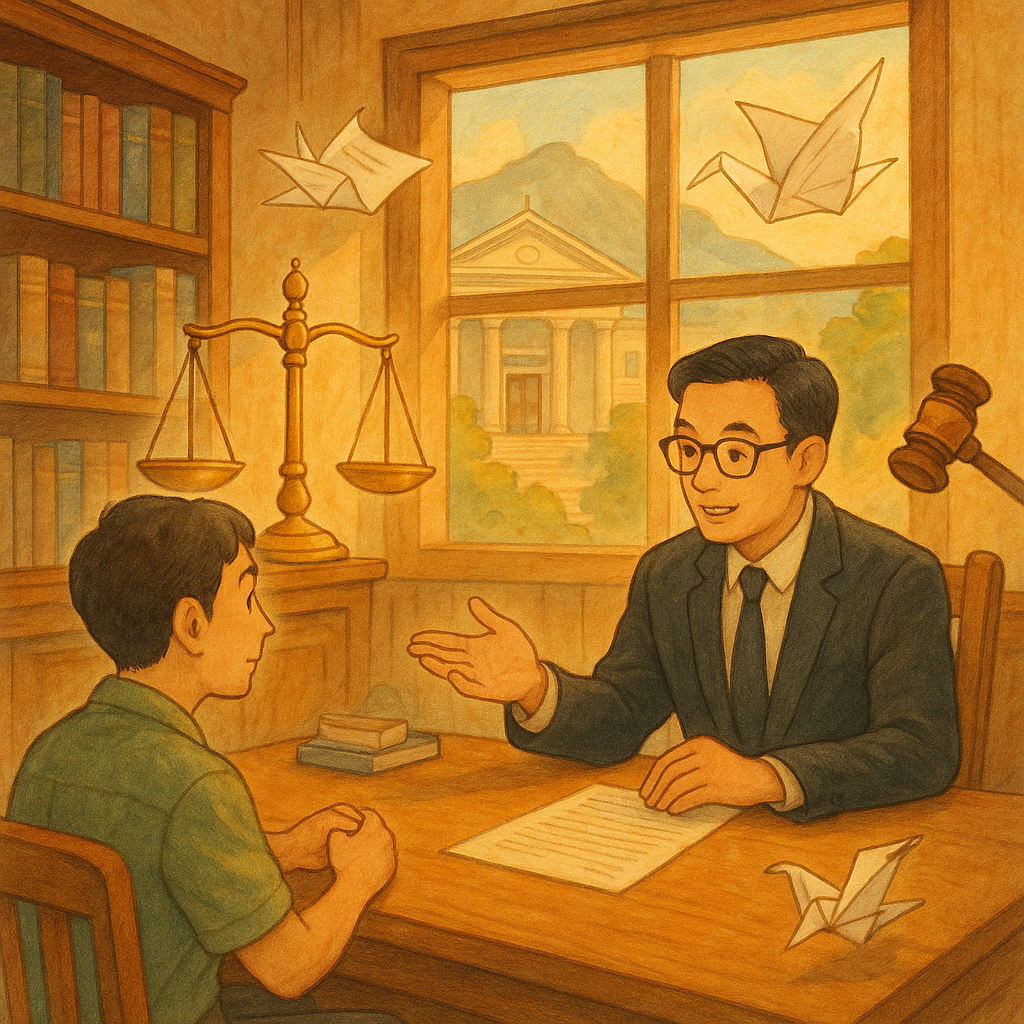 吉卜力般柔光手繪質感：暖陽木質事務所，台灣律師與民眾細談；金色天秤、化作紙鶴飛升的訴狀與靈動法槌環繞，遠處如山法院映現，寓意抗告結論與希望。