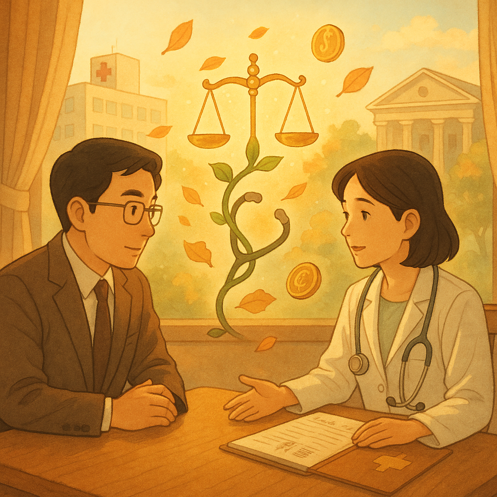 吉卜力風溫暖、手繪質感場景:台灣人律師與醫師在木質會談桌前溝通,柔光灑入。聽診器化作藤蔓托起發光天平,病歷與賠償硬幣符號如落葉漂浮,遠景交融醫院與法院,無文字。