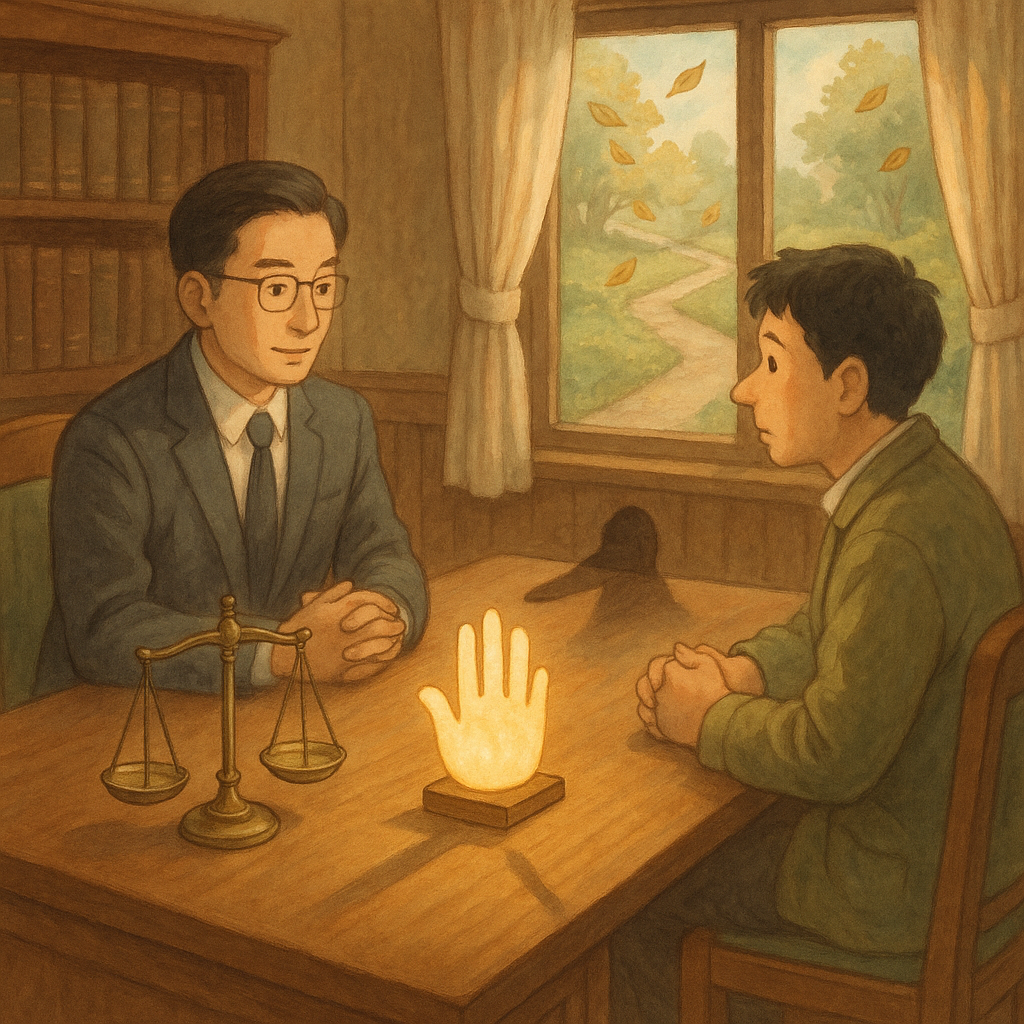 溫暖自然光中,台灣律師與當事人於木質事務所對坐,柔和色調與手繪質感。桌上天秤、發光誓言手印與長鼻影子象徵偽證,窗外飄葉與分岔石徑指向行動建議,細膩吉卜力風無字。