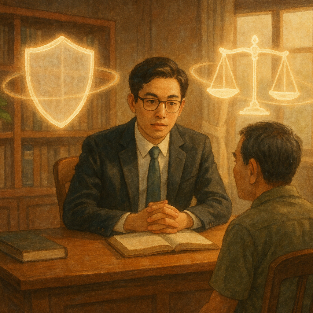 溫暖自然光下的電影感手繪動畫風：台灣律師與民眾在木質事務所諮詢，神情專注；半透明發光盾牌與天秤在空中環繞，界線如光帶守護，質感柔軟細膩、奇幻而寫實，無文字。