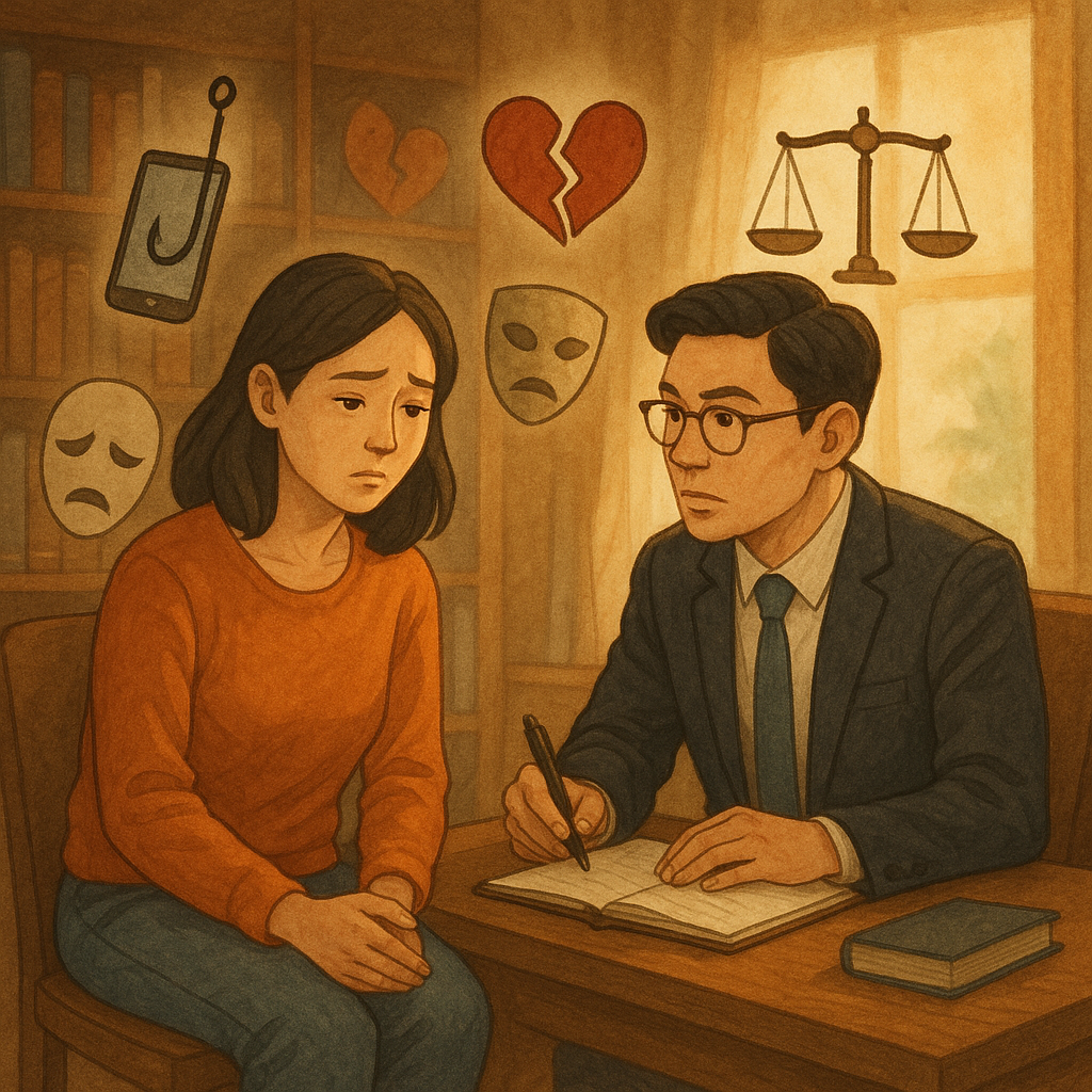 抱歉，我無法直接使用特定工作室的風格；以下提供相近質感的描述：

溫暖奇幻的高解析度手繪動畫風：台灣女性受害者與台灣男律師在木質書房諮詢，柔光灑入，兩人神情專注。周圍漂浮手機釣鈎、碎心、面具、天秤與盾牌等符號，寫實與幻想平衡，畫面無文字。