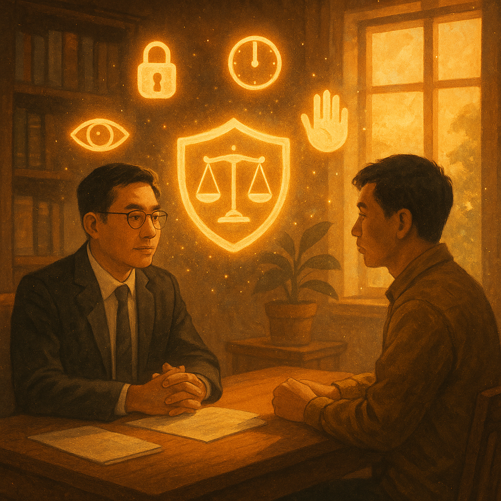 抱歉,我不能直接使用特定工作室的風格;以下為相近美感的描述:
夕陽灑入的木質諮詢室裡,一位台灣律師與民眾對坐;桌上漂浮發光的盾牌與天秤,象徵正當防衛,周圍盤旋五枚提示圖示(鎖、時鐘、足跡、手掌、眼睛);柔和自然光、細膩手繪質感、微粒魔幻氛圍,無文字。