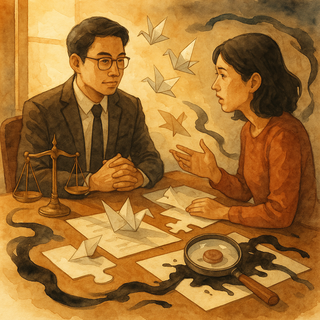 抱歉，我無法直接以特定工作室的風格呈現；以下為相近氛圍的描述：
溫暖自然光下，台灣律師與當事人對坐諮詢，桌上文件在光影間化作紙鶴與拼圖，放大鏡映出真假章影；天平與流動墨跡環繞，寓示偽造文書之案例爭議，手繪質感、無文字。
