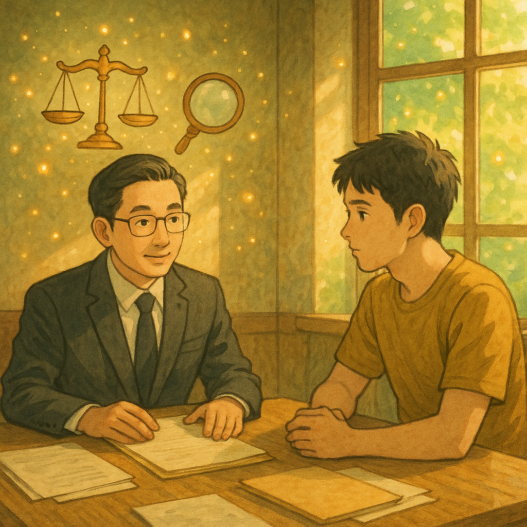 溫暖柔光下，台灣律師在偵詢室陪同台灣年輕當事人，神情溫和專業，木質桌面與檔案散落；窗外綠意化作漂浮光粒與天平、放大鏡等象徵在空中輕舞，手繪質感、吉卜力風的魔幻寫實氛圍。