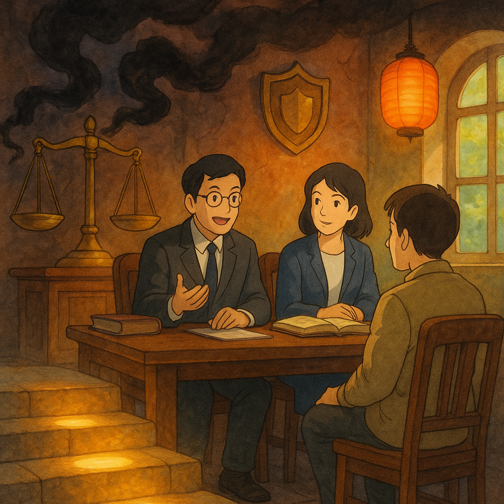 溫暖魔幻的法律諮詢室中,兩位台灣人律師與當事人對談;天平與盾牌象徵名譽保護,黑色妨害名譽的流言煙霧被燈籠與柔和自然光照散,發光石階指引行動方向,手繪吉卜力風格,無文字。