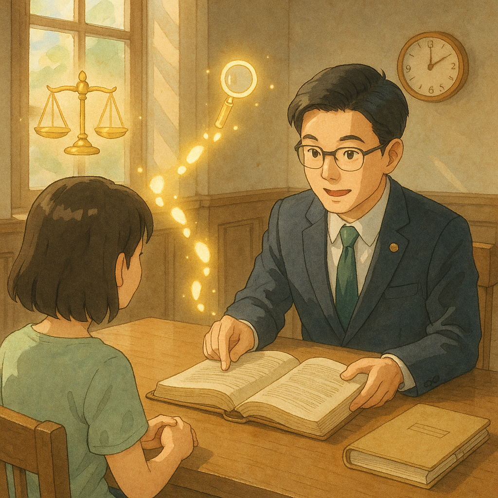 高解析吉卜力風偵查庭，柔和自然光與手繪質感。台灣人律師與當事人圍桌商議，漂浮天秤、放大鏡、卷宗與時鐘化為光點，化作發光腳印引路，溫暖寓意結論與行動。