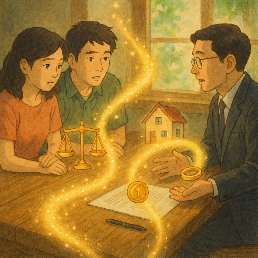 抱歉，我無法直接使用特定工作室的風格。不過這裡是一個相近的日系奇幻手繪動畫質感描述：

日系奇幻手繪風，台灣夫妻與專業律師在溫暖自然光的木桌前交流，表情細膩；天秤、房屋、戒指與硬幣化作漂浮光粒，分流成兩條柔光溪流，象徵剩餘財產分配，畫面無文字。