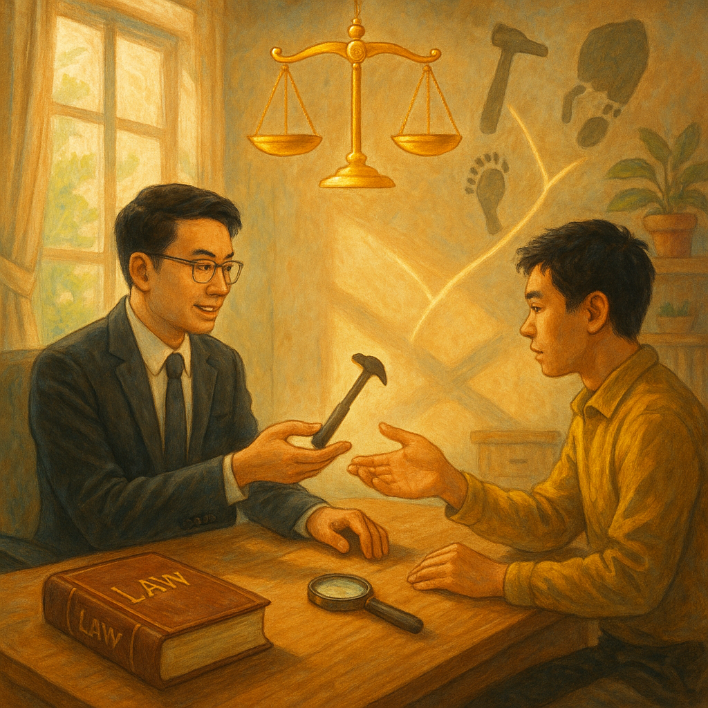 溫暖自然光下的事務所,台灣律師與當事人對坐諮詢;頭頂漂浮金色天秤,手遞工具與足跡的光影交織成指向兩條分岔路的絲線。木質桌上無字法典與放大鏡,柔和色彩與手繪質感營造溫暖魔幻氛圍,寓意幫助與責任的判斷。