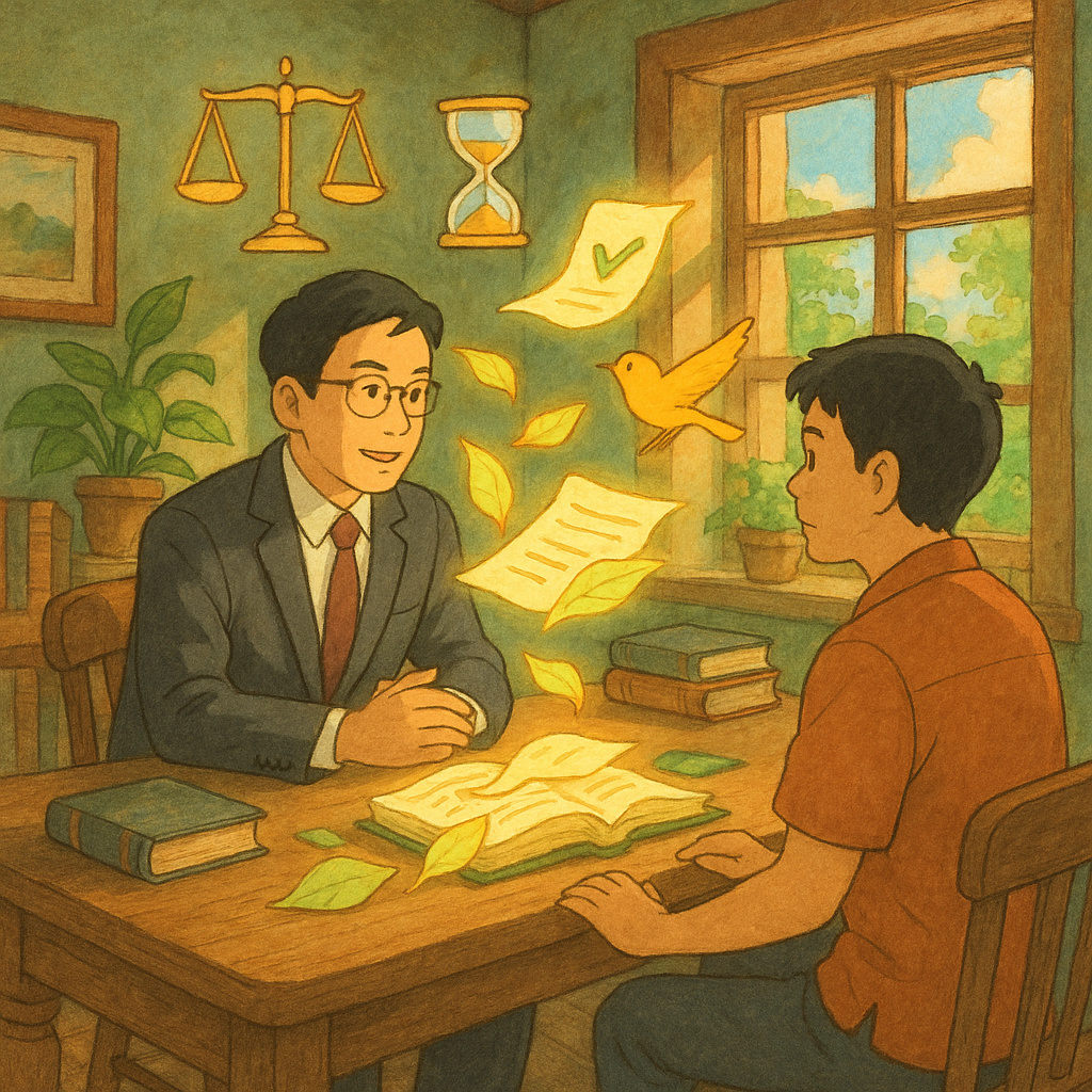 溫暖自然光下，吉卜力風格的手繪事務所內，一位台灣人律師與當事人對坐，桌上卷宗化作發光葉片與小鳥盤旋；天平、沙漏與打勾清單等象徵在空中輕盈漂浮，寓示風險評估與緩刑條件的取捨與期限。