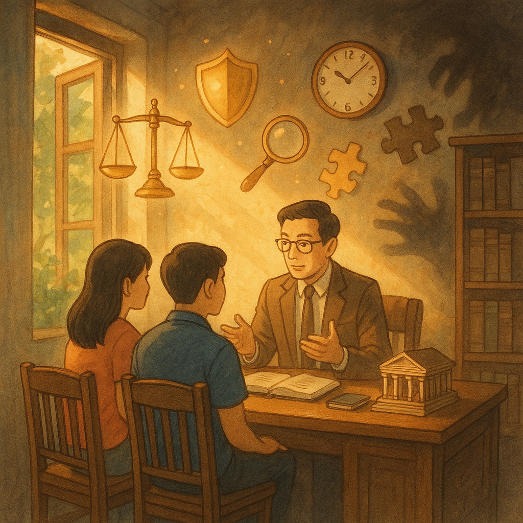 暖陽灑入手繪質感的律師事務所，兩位台灣人在桌邊諮詢；周圍漂浮天秤、發光盾牌、放大鏡、時鐘與拼圖，桌上微縮法庭；窗外綠意與微光，陰影般的威脅被光驅散，吉卜力式溫柔奇幻氛圍，畫面無文字。