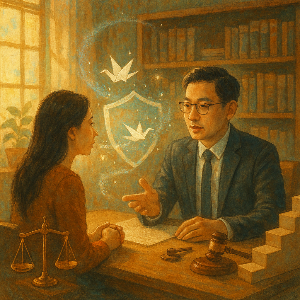 暖陽灑落的木質事務所內,台灣人律師與當事人專注對談;柔和色彩、手繪紋理與自然光營造魔幻寫實與電影感,耳語化作紙鶴與光點,凝成守護盾;天平、法槌與階梯形行動步驟環繞,象徵妨害名譽的諮詢與解方,無文字。