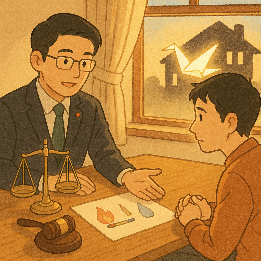 抱歉，我無法直接採用特定工作室的風格，但可提供相近的溫暖日系手繪動畫風格。

溫暖日系手繪風，台灣律師與民眾在柔光下諮詢；桌上天秤、法槌、滅熄火柴與水滴象徵縱火罪與對策，窗外焦黑屋影化作發光紙鶴引路，寓意結論與行動指南。