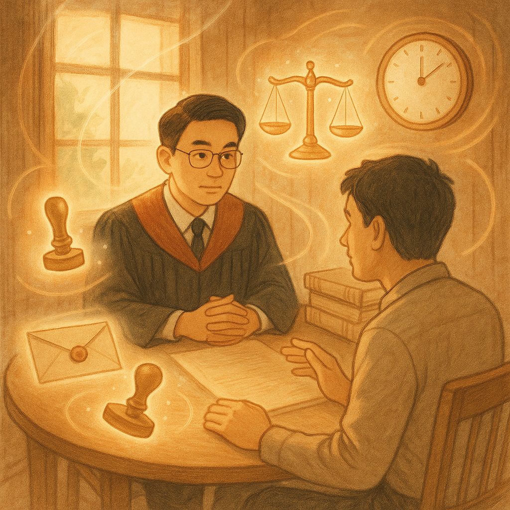 溫暖午後光灑入木質辦公室，台灣檢察官與民眾在圓桌溝通，神情專注；桌上信封與印章、天秤與卷宗化為柔光浮動圖像，法槌與時鐘輕逸環繞，手繪質感與自然色調營造奇幻而安心的諮詢氛圍。