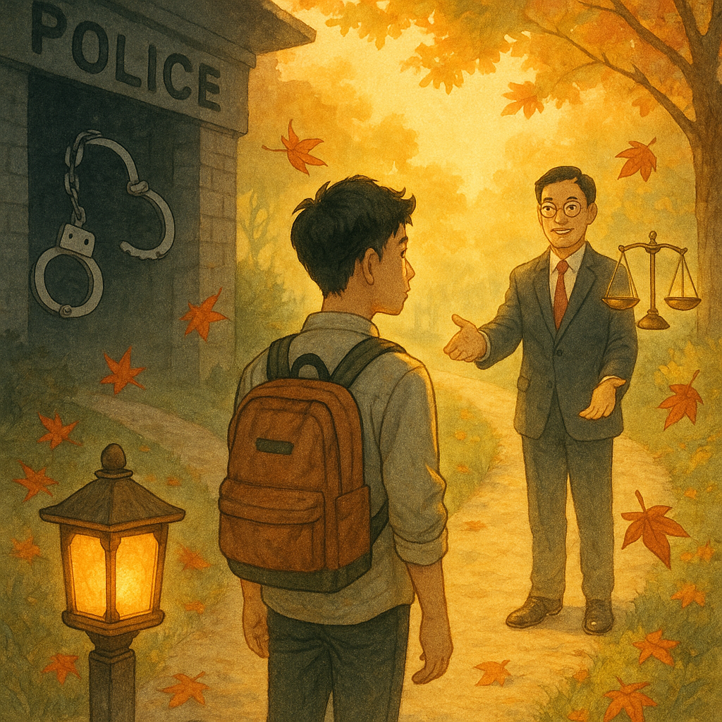 柔和晨光中，一位台灣青年站在分岔路：一側是警局陰影與輕飄手銬，另一側有微笑的台灣律師在暖光下伸手示意，身旁天平微亮。楓葉飄落，法槌化作守護燈籠，手繪質感，吉卜力式奇幻。