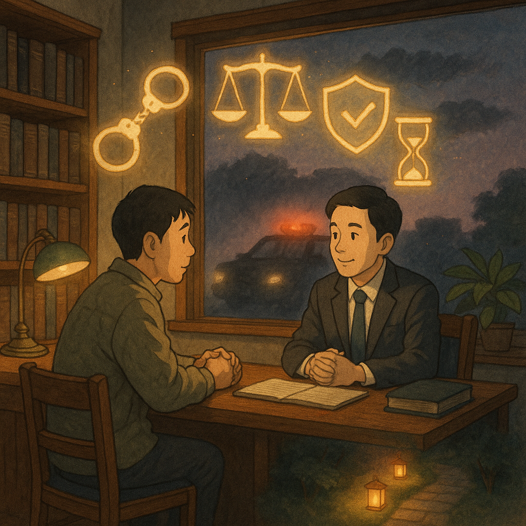 溫暖木質事務所中，一位台灣人律師與當事人對坐，窗外暮色柔光。空中浮現發光的手銬、天秤、盾牌與沙漏，化作護盾阻擋陰影警車輪廓，前方燈籠小徑象徵從立即止血到持續降風險，吉卜力風格、手繪質感、無文字。