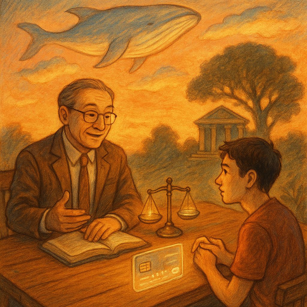 黃昏自然暖光下,台灣律師與青年在櫻木長桌諮詢,柔和色調、奇幻手繪質感;天光化作鯨形雲影盤旋,桌上天秤與透明帳戶卡微光流動,遠處法院剪影化為守護樹,象徵借賬戶判無罪。