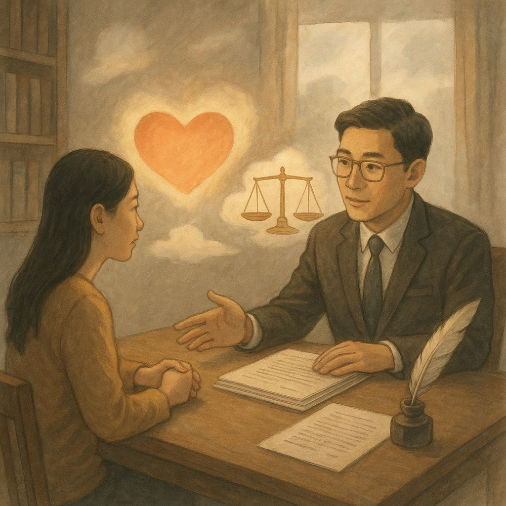 柔和自然光下的律師事務所，兩位台灣人於木桌溫暖諮商；發光心形與天秤、文件與羽毛筆如微雲環繞，象徵精神賠償求償。淡雅色調、手繪質感與電影感構圖，寫實與奇幻平衡，畫面無文字。