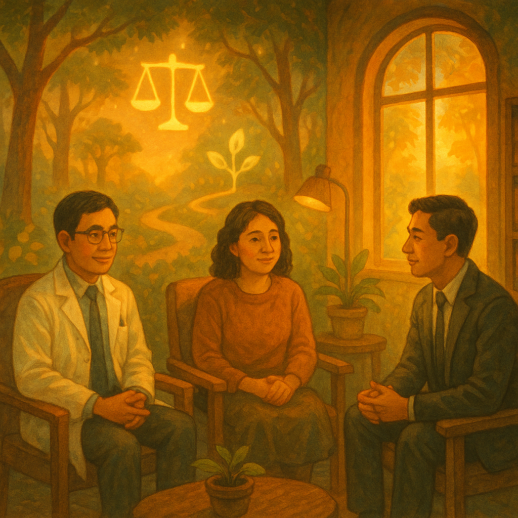 抱歉，我無法直接以特定工作室的風格創作，但可提供相近的溫暖奇幻手繪風描述：

金色暮光下，手繪質感的森林諮商室裡，台灣人醫師、社工與律師表情溫暖地圍坐傾聽；窗外浮現天平、樹苗與蜿蜒步道等發光圖示，象徵戒癮治療與行動建議的方向，柔和自然光、無文字、溫暖奇幻。