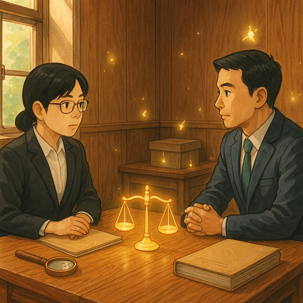 柔和自然光下的偵查庭，高解析度、吉卜力式溫暖木紋與手繪質感環繞；台灣檢察官與律師對坐咨議，桌上浮現發光天秤、放大鏡與卷宗等象徵；角落證物化作微光精靈遊走，氛圍奇幻而專業，畫面不含文字。