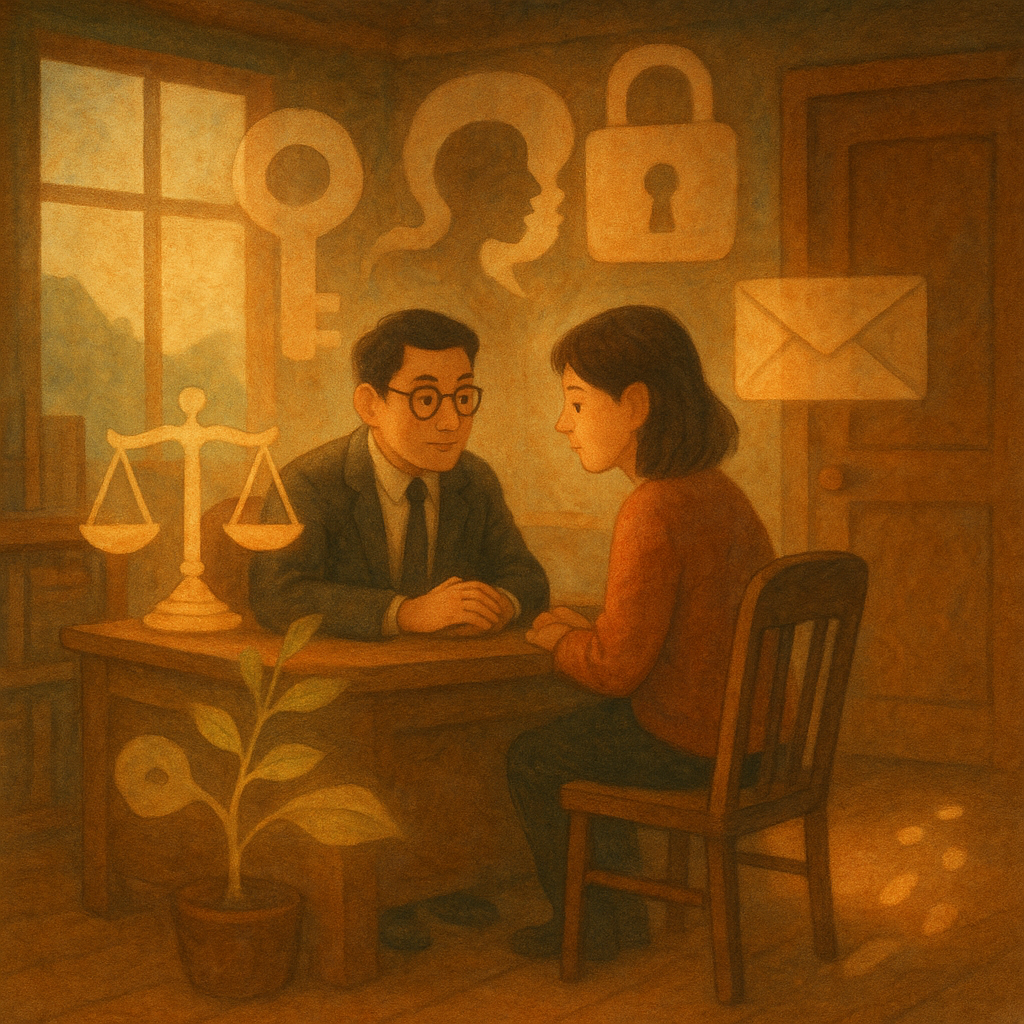 抱歉，我無法直接以特定品牌風格創作，但可提供相近的溫暖手繪動畫美學描述。

溫暖奇幻的動畫風，柔和光影與手繪質感。木質事務所內，台灣律師與民眾低語諮詢；窗外微光瀰漫。半透明的鎖、信封與耳語陰影環繞，葉片天秤微亮，象徵妨害秘密與法律建議，微光足跡通往門口；畫面不含文字。
