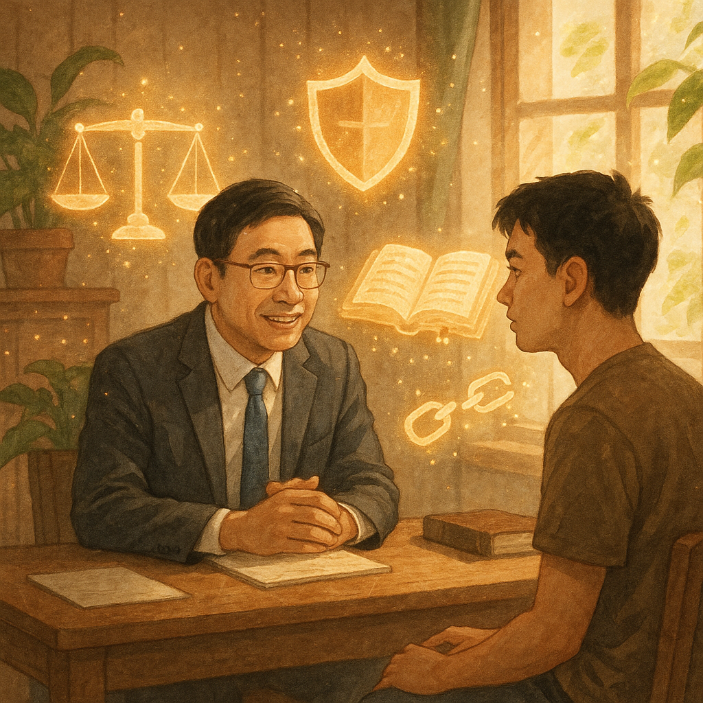 溫暖陽光下的木質事務所裡，一位台灣律師溫和諮詢青年；周圍漂浮發光的天平、盾牌、法典與斷裂鎖鏈，象徵毒品危害防制與保護。窗邊綠植與微風吹拂，柔和手繪質感、自然光影、魔幻粒子，畫面無文字。