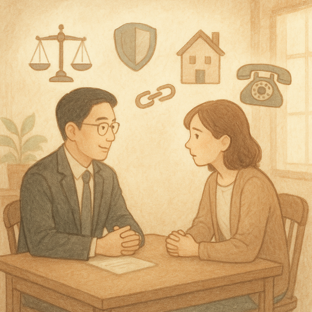 柔和自然光下,台灣律師與當事人於溫暖相談室對坐,手繪質感與淡雅色彩。周圍漂浮天平、盾牌、家屋、電話與斷鏈等圖示,象徵親密關係暴力諮詢與保護;畫面無文字,帶童話般電影感。