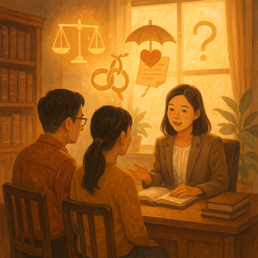 暖色自然光下的手繪律師事務所，一位台灣律師溫柔諮詢一對台灣夫妻；窗邊漂浮象徵圖像：天秤、交錯婚戒與細裂的緞帶、守護傘覆著心與文件、放大鏡與問號光點，奇幻而溫暖、細節豐富，無文字。