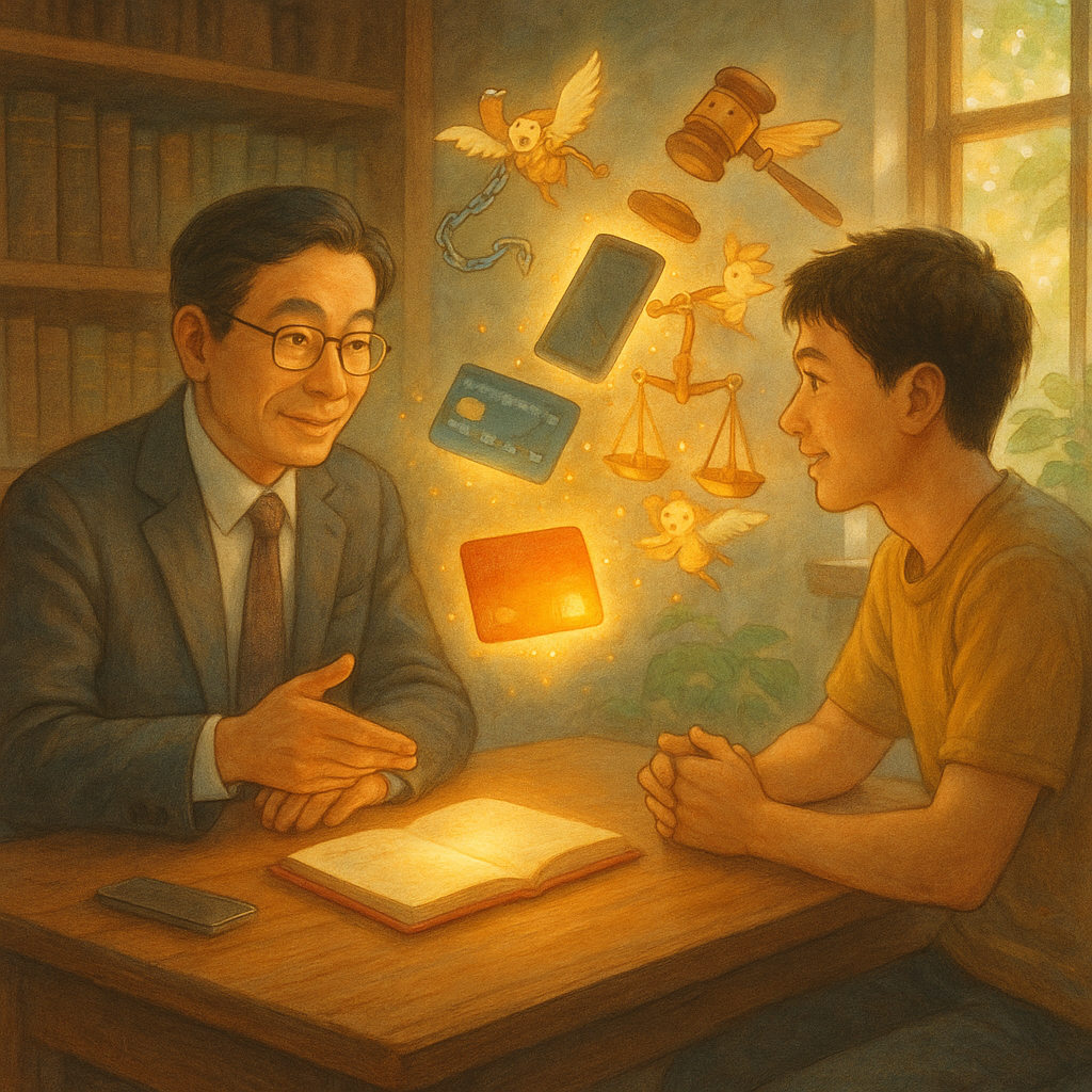 吉卜力風柔光中,台灣律師與年輕民眾在木質事務所溫暖對談;桌上漂浮發光的銀行卡、帳戶簿與手機,被鎖鏈、法槌與天秤精靈環繞,象徵借賬戶風險與合規結論。自然光灑入,手繪質感細膩,寫實與奇幻平衡,畫面無文字。