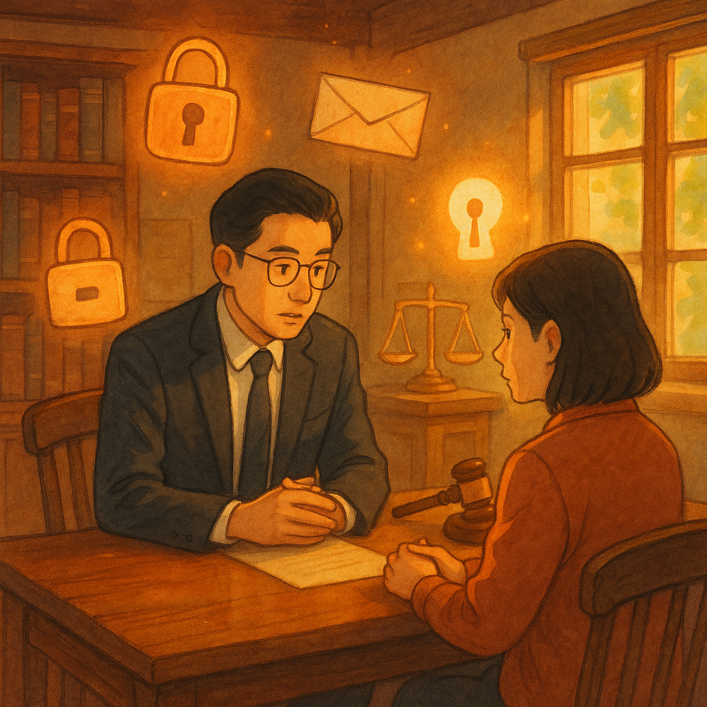 吉卜力式暖色自然光的木質事務所裡,一位台灣律師與當事人低聲諮詢;周圍漂浮手繪鎖頭、信封與發光鑰匙孔精靈,映著法槌與天秤,象徵妨害秘密的界線與結論的安放。無文字。