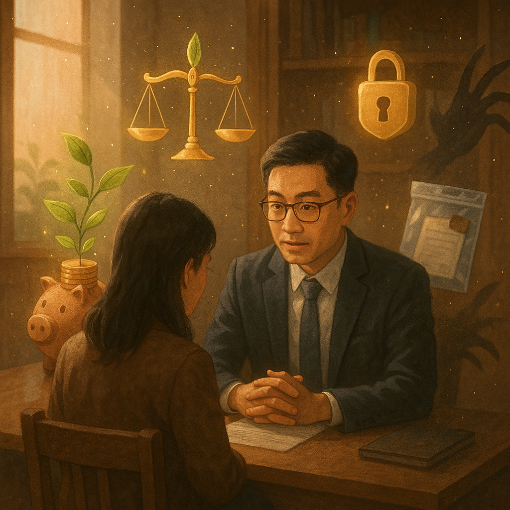 溫暖木質事務所裡,台灣律師與客戶低聲商談;金幣自存錢筒滲出化作葉片,旁有發光天秤、鎖與證據袋漂浮,暗影之手逐漸消散。柔和自然光、手繪質感與微光粒子營造奇幻而專業的法律諮詢氛圍,無文字。