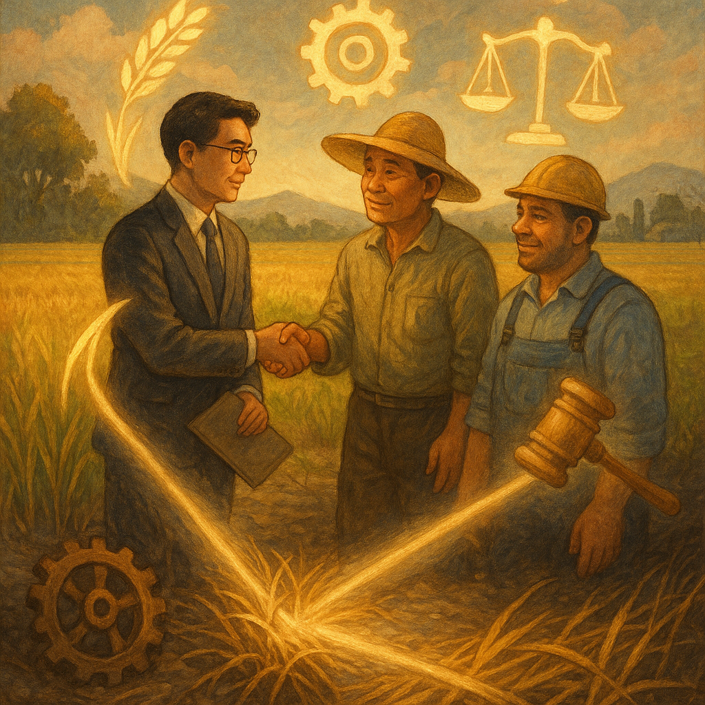 柔和自然光下，台灣專業律師與農民、工廠代表在田野邊諮詢；稻穗、齒輪、天秤與法槌化作漂浮光影，陰影中的枯稻與停轉齒輪被光束照亮；發光路徑指向握手，手繪質感、溫暖奇幻感，無文字。