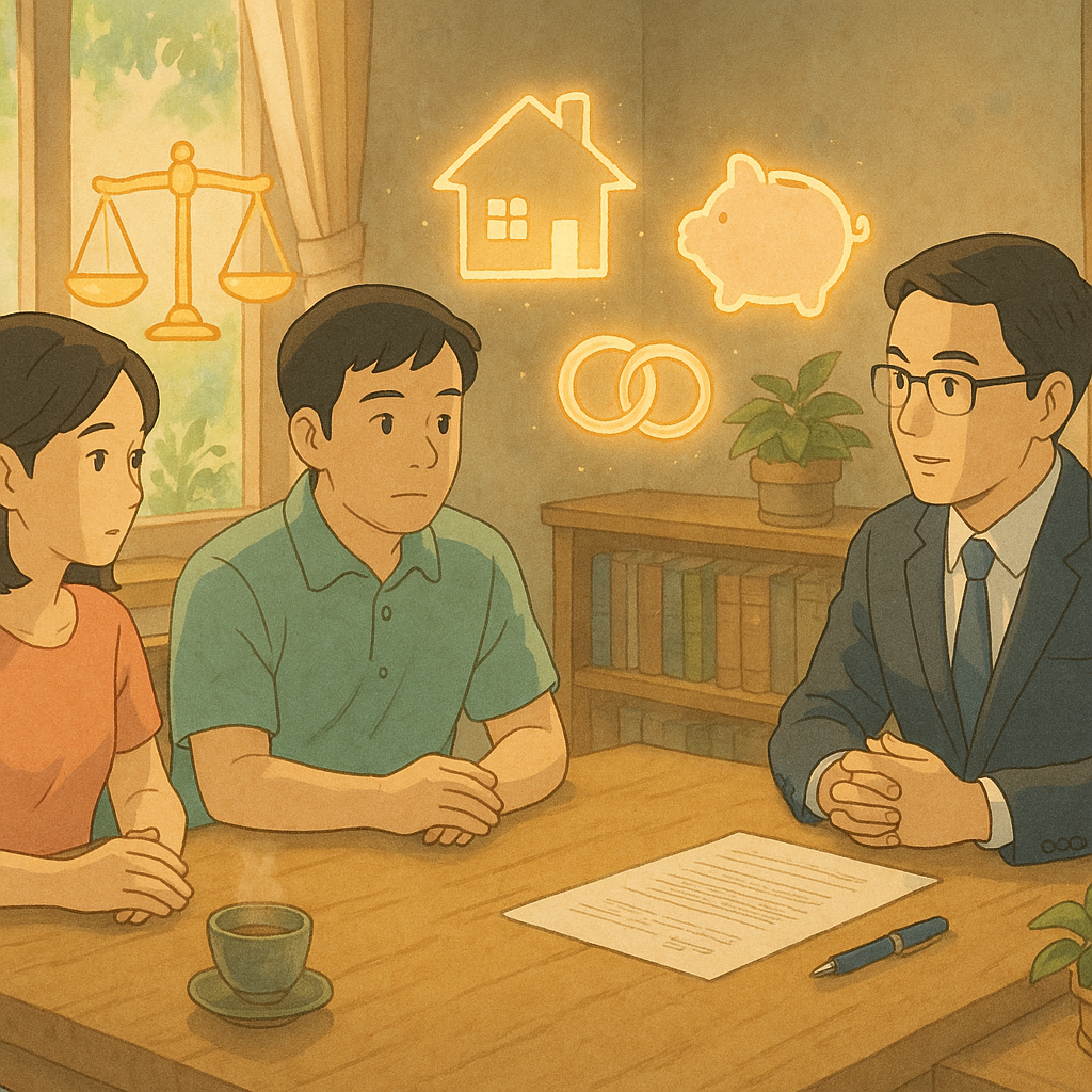 吉卜力風格的柔和自然光場景中，一對台灣夫妻與專業律師圍坐木桌，神情專注。桌上茶氣與手繪質感的文件旁，漂浮金色天平、半分房屋、存錢豬與婚戒化作柔和光影，象徵夫妻財產分割與諮詢。細節溫暖且無文字。