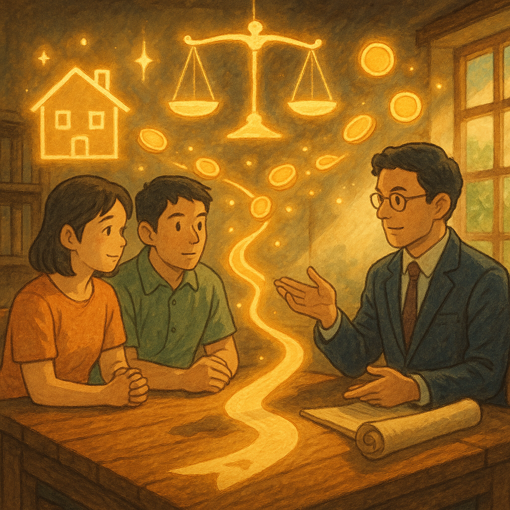 溫暖自然光下，兩位台灣人夫妻與專業律師於木桌諮詢；天花板懸浮天平、房屋與硬幣等發光符號環繞，金幣化作雙向光流對稱分散，卷軸道路指引行動；手繪質感、奇幻吉卜力風、電影感，畫面不含文字。