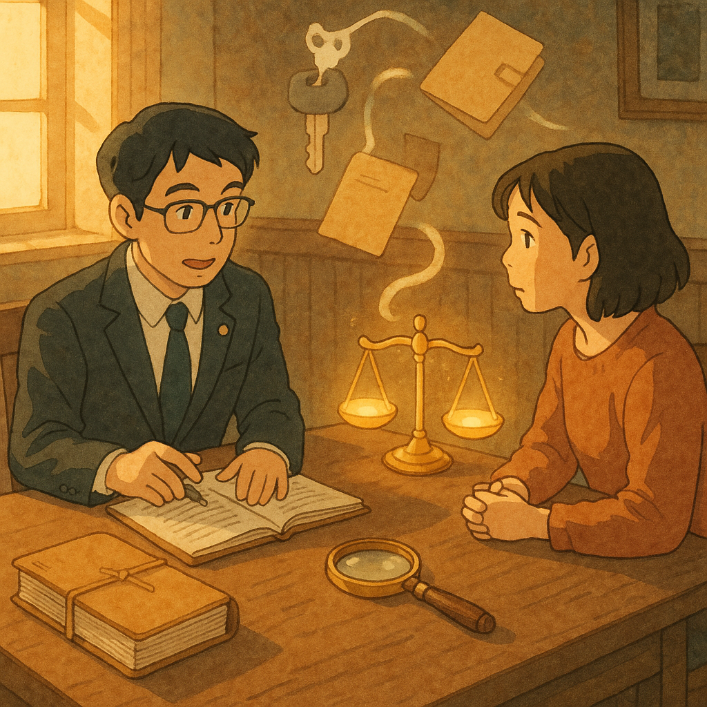 溫暖柔光映照偵查庭內，台灣律師與當事人圍桌研議案例；木質卷宗、發光天秤與放大鏡、漂浮證物剪影交織成魔幻路徑，象徵補救策略。吉卜力風格手繪質感、自然色調、細緻表情、無文字。