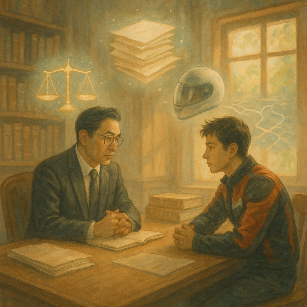 抱歉，我不能直接仿照特定在世藝術家的風格；以下提供相近的描述。

溫柔色調與自然光的手繪奇幻電影感場景：台灣律師與年輕車手在木質事務所對坐，表情專業細膩、細節豐富；天平、卷宗、機車安全帽與路線圖化作漂浮光影象徵案例研究與策略，現實與幻想平衡，畫面無文字。