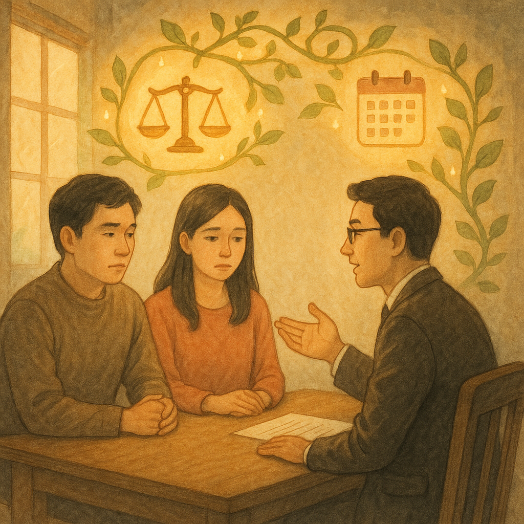 抱歉，我無法直接臨摹特定工作室的風格；以下是相近氛圍的高質感手繪描述：

柔光下的手繪律師事務所裡，一對台灣離婚諮詢中的夫妻與專業律師對坐；天光化作溫暖奇幻的藤蔓，環繞天秤、日曆與清單圖示，象徵資源與實務準備，無文字。