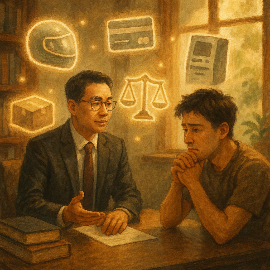 高解析度、溫暖自然光的木質事務所中，台灣律師溫和諮詢一位焦慮的台灣年輕車手，手繪質感、電影感流動。周圍漂浮柔光手繪圖示：安全帽、銀行卡、提款機、包裹、天平與盾牌，宛如精靈燈火環繞象徵常見疑問。