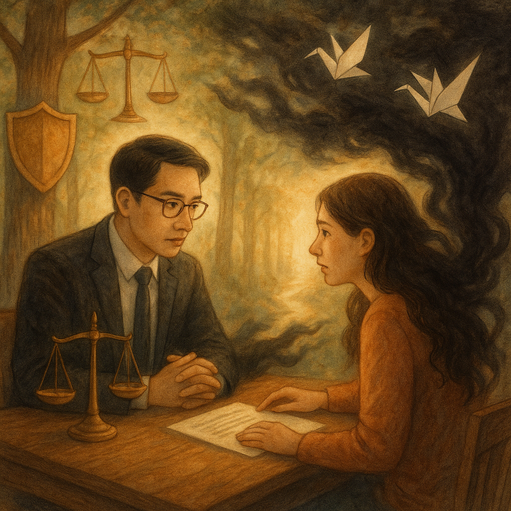 抱歉，我無法直接模仿特定工作室的風格；以下為相似氛圍的描述：
柔光下，表情專注的台灣律師與當事人於木桌諮商，天平與盾形光影守護名譽；流言化作黑霧被紙鶴驅散，遠處光徑引導前行，林間微風、手繪質感、無文字，溫暖奇幻、細膩沉浸。