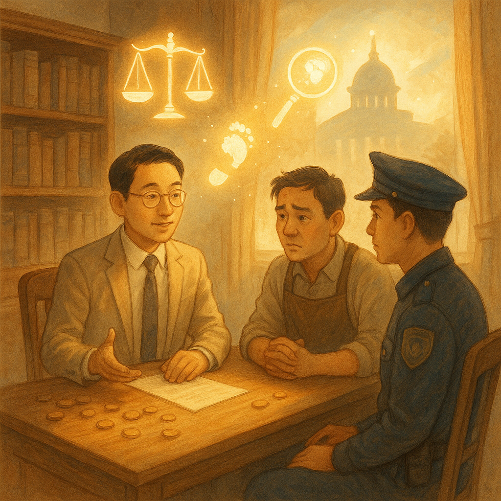 柔和色調與暖陽灑入木質事務所,台灣人律師溫和諮詢憂慮店主與警員,地上散落硬幣。手繪質感中,飄浮的天秤、放大鏡、足跡與手銬化作發光指引,通往遠處法院剪影,氛圍奇幻而專業。