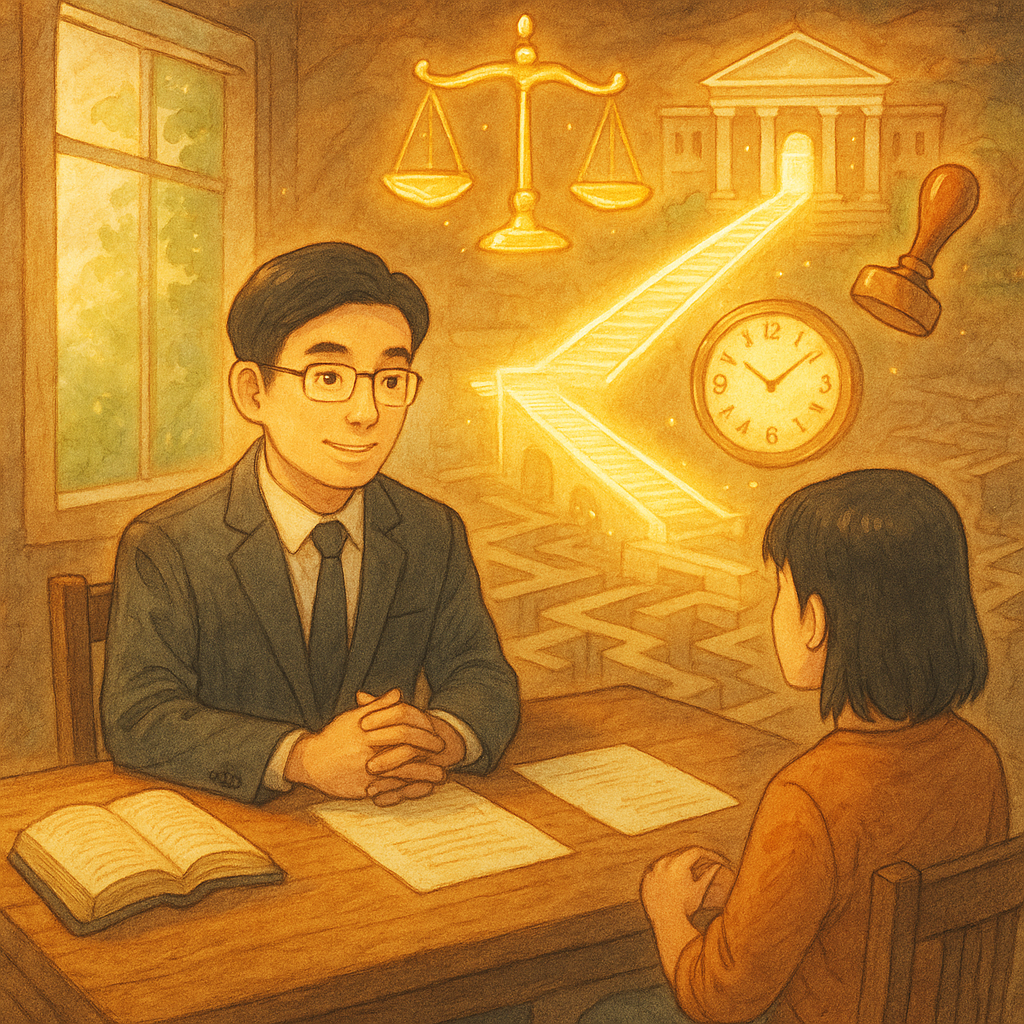 溫暖的自然光下,台灣人律師與民眾在木桌前諮詢;周圍漂浮發光的法槌、天秤、時鐘與印章,化作通往政府大樓的光橋、門檻與迷宮階梯;手繪質感、吉卜力式奇幻氛圍,暗示行政救濟的核心概念與程序界限。