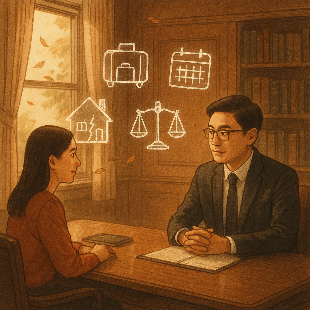柔光下的木質事務所，台灣律師與當事人對坐，表情溫和專業，以電影感構圖。桌面漂浮手繪圖標：分開的房屋、行李、日曆與天秤，象徵分居事實與權益。窗外自然微風與落葉營造奇幻暖意，手繪紋理細膩，無文字。
