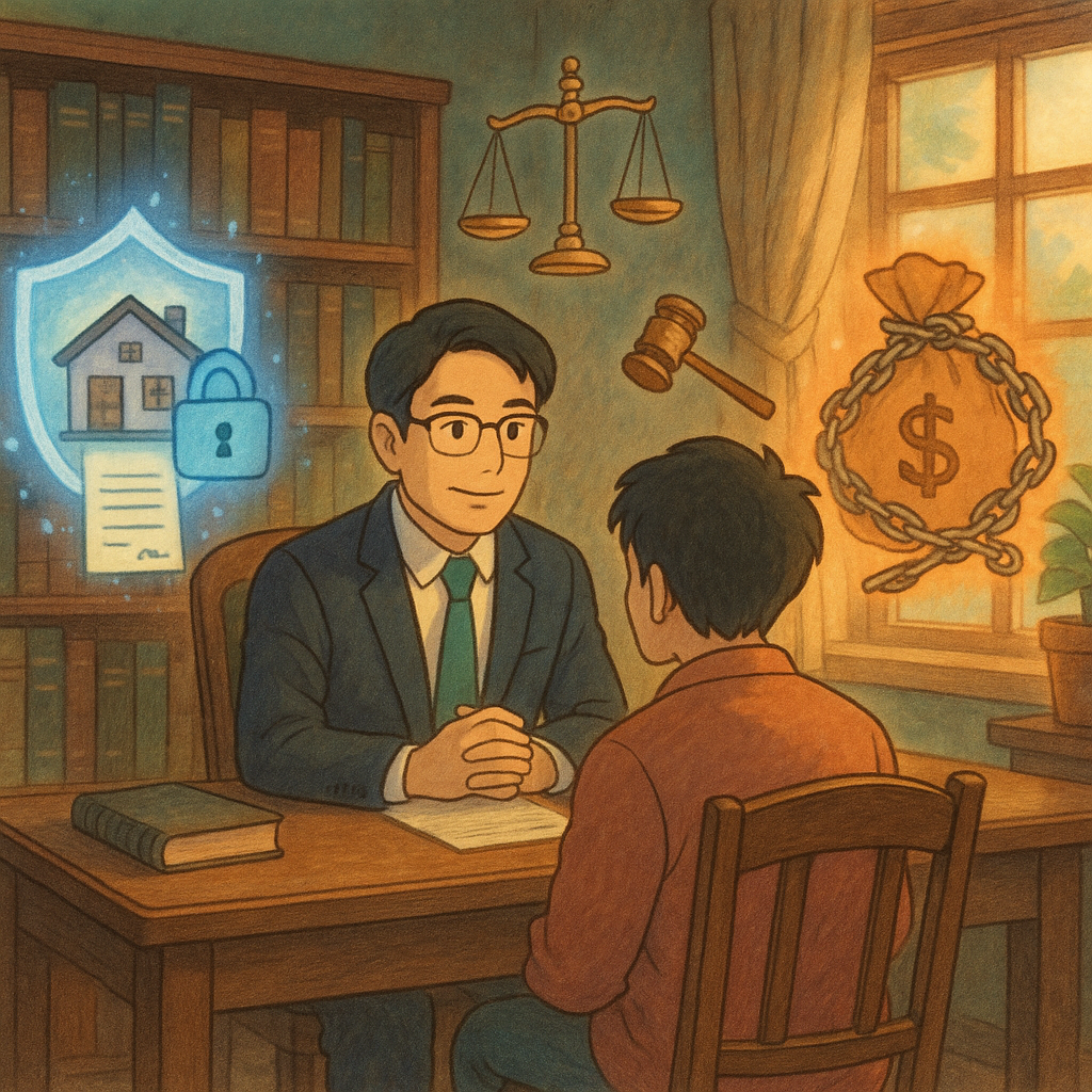 吉卜力質感的溫暖、微魔幻事務所內,台灣律師與當事人諮詢;一側發光護盾守住房屋與合約,象徵假處分;另一側鎖鏈與錢袋象徵假扣押;天秤與法槌在空中緩緩漂浮,柔和自然光與手繪紋理,無文字。